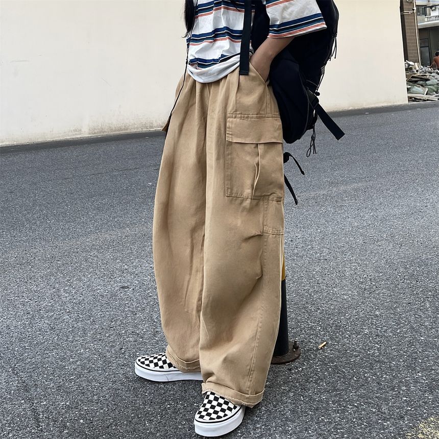 Elastic-Waist Wide-Leg Cargo Pants dd17 MK Kawaii Store