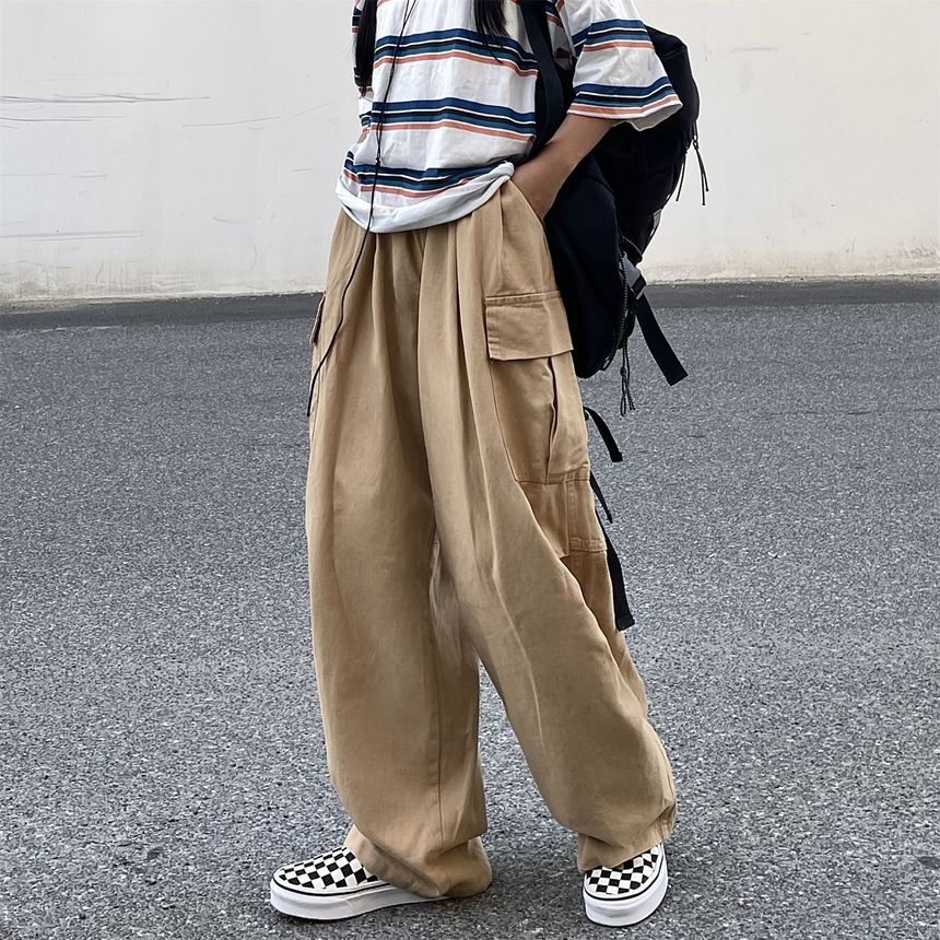Elastic-Waist Wide-Leg Cargo Pants dd17 MK Kawaii Store