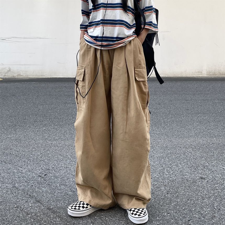 Elastic-Waist Wide-Leg Cargo Pants dd17 MK Kawaii Store