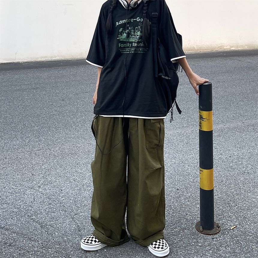Elastic-Waist Wide-Leg Cargo Pants dd17 MK Kawaii Store