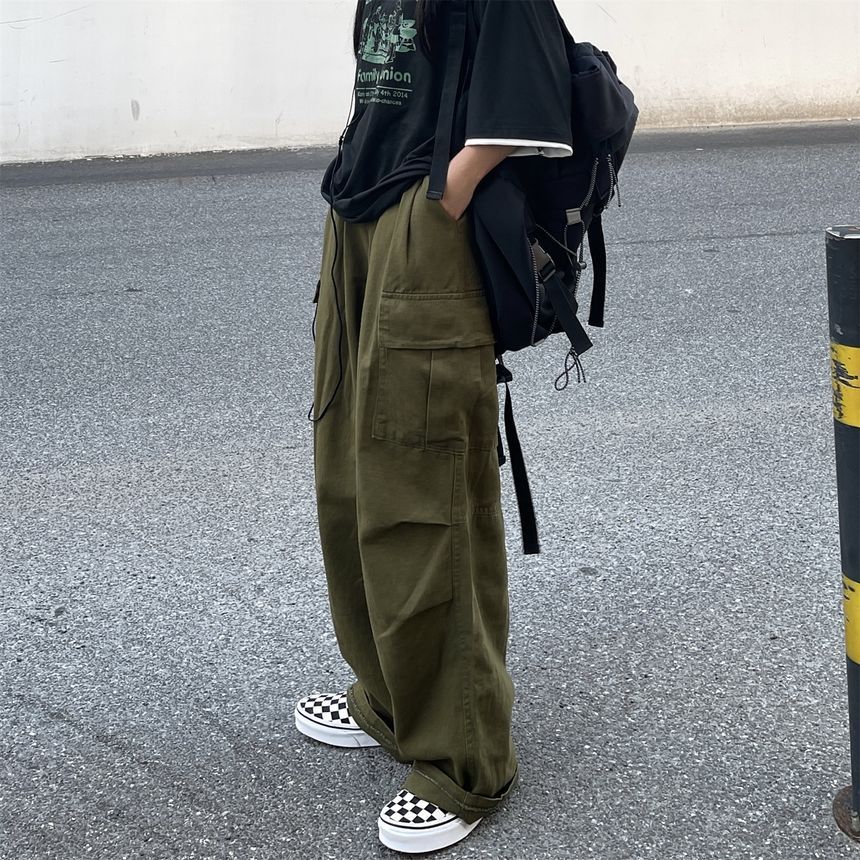 Elastic-Waist Wide-Leg Cargo Pants dd17 MK Kawaii Store