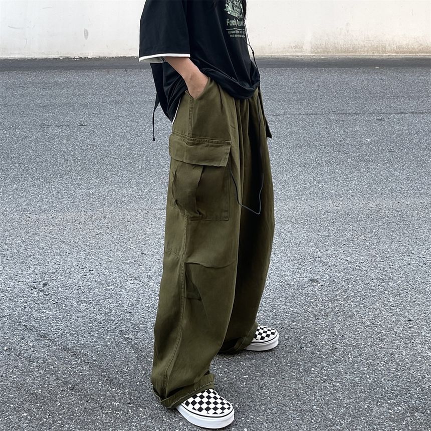 Elastic-Waist Wide-Leg Cargo Pants dd17 MK Kawaii Store