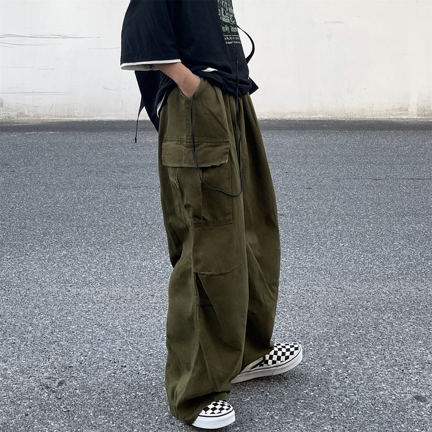 Elastic-Waist Wide-Leg Cargo Pants dd17 MK Kawaii Store