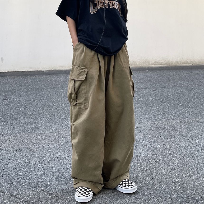 Elastic-Waist Wide-Leg Cargo Pants dd17 MK Kawaii Store