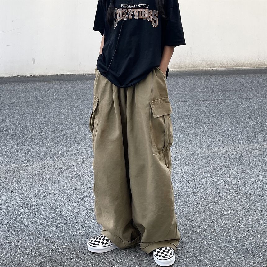 Elastic-Waist Wide-Leg Cargo Pants dd17 MK Kawaii Store
