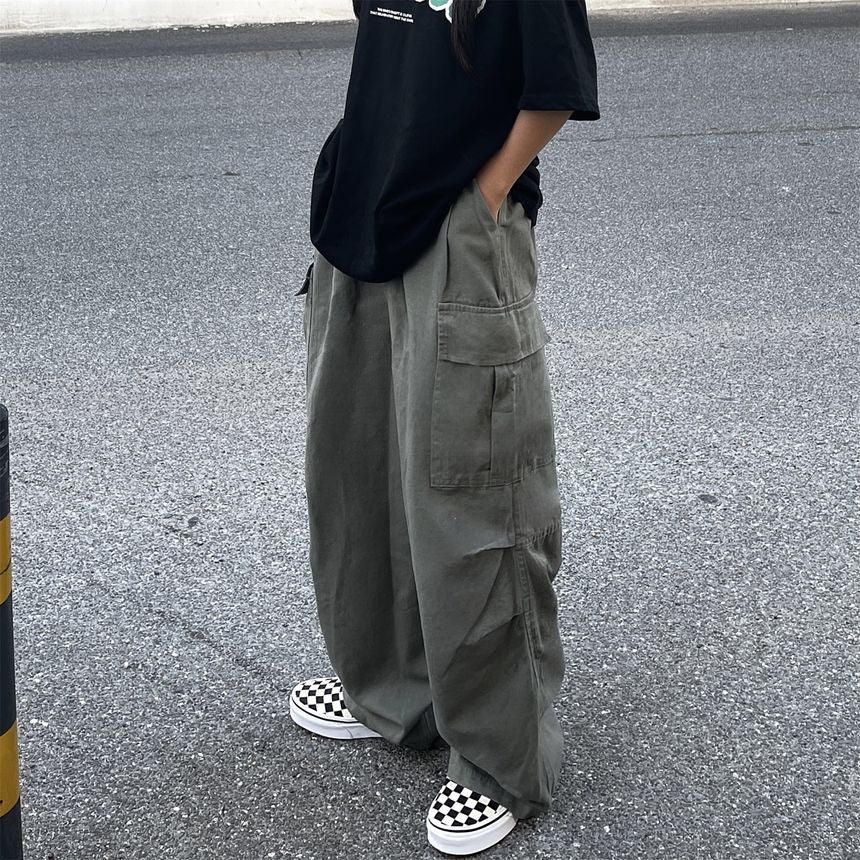Elastic-Waist Wide-Leg Cargo Pants dd17 MK Kawaii Store