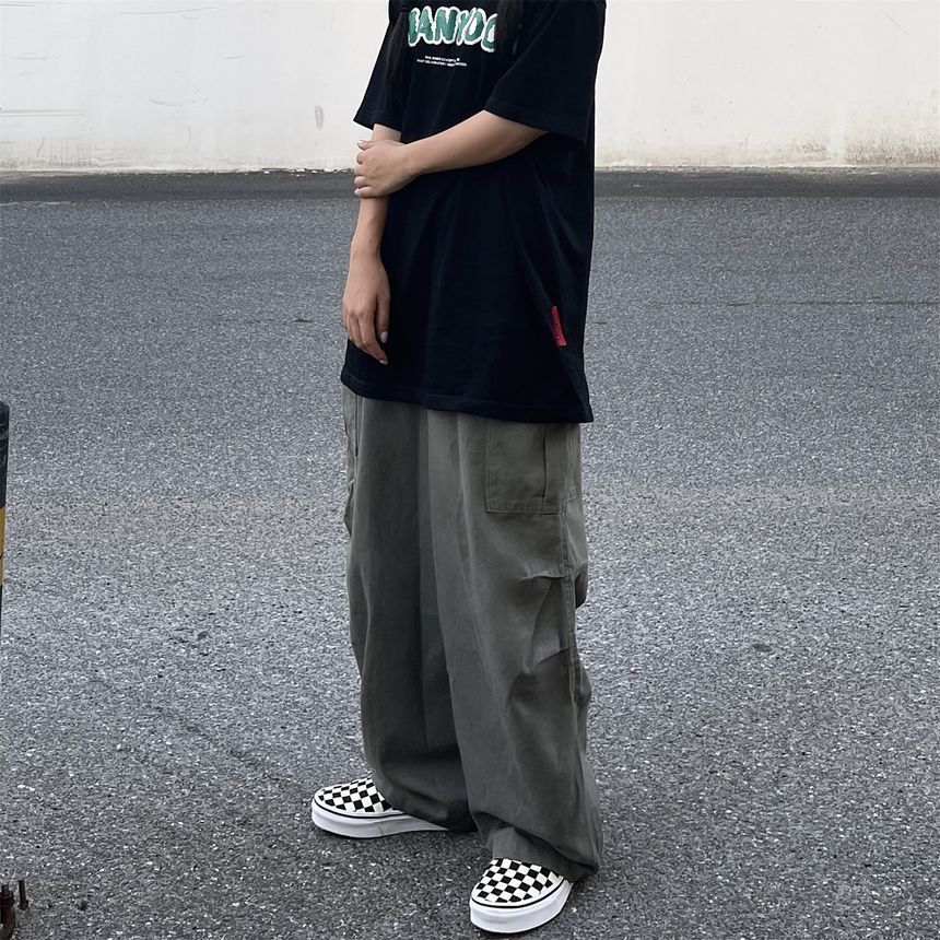 Elastic-Waist Wide-Leg Cargo Pants dd17 MK Kawaii Store