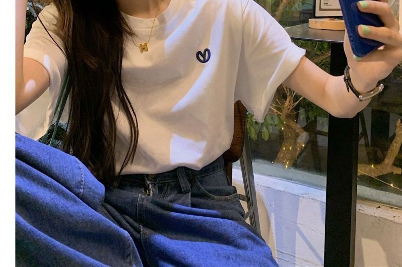 Heart Embroidered T-Shirt WI33 MK Kawaii Store