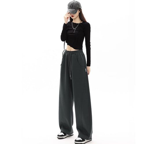 Mid-Waist Drawstring Pocketed Wide-Leg Plain Sweatpants dd22 MK Kawaii Store