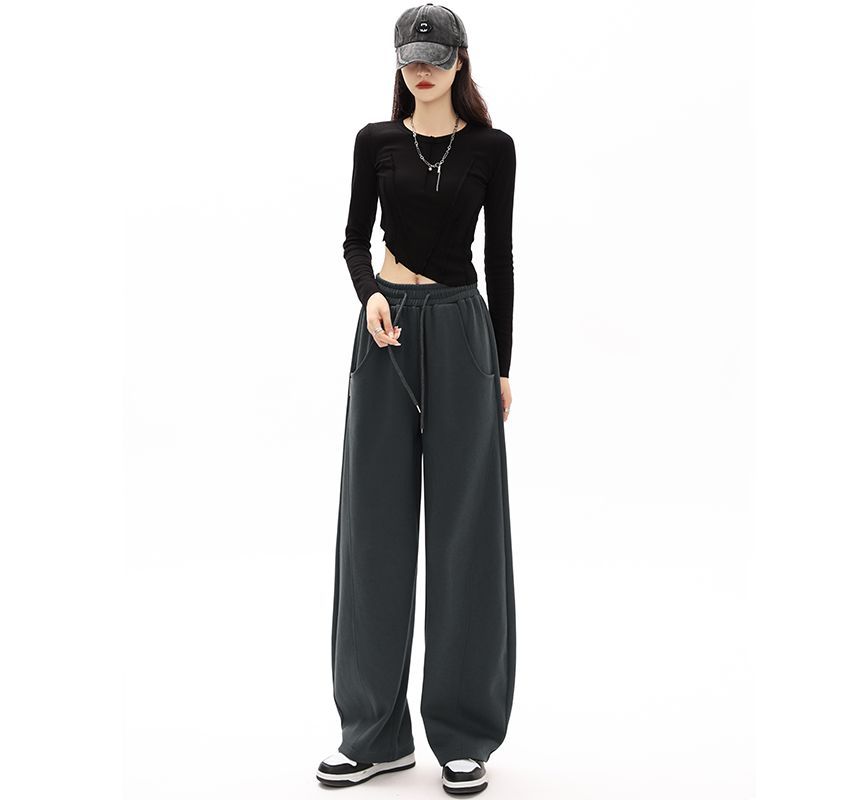 Mid-Waist Drawstring Pocketed Wide-Leg Plain Sweatpants dd22 MK Kawaii Store