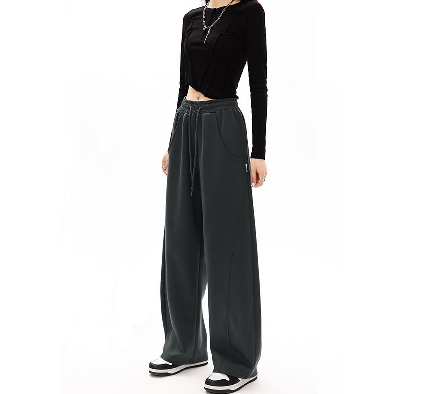 Mid-Waist Drawstring Pocketed Wide-Leg Plain Sweatpants dd22 MK Kawaii Store