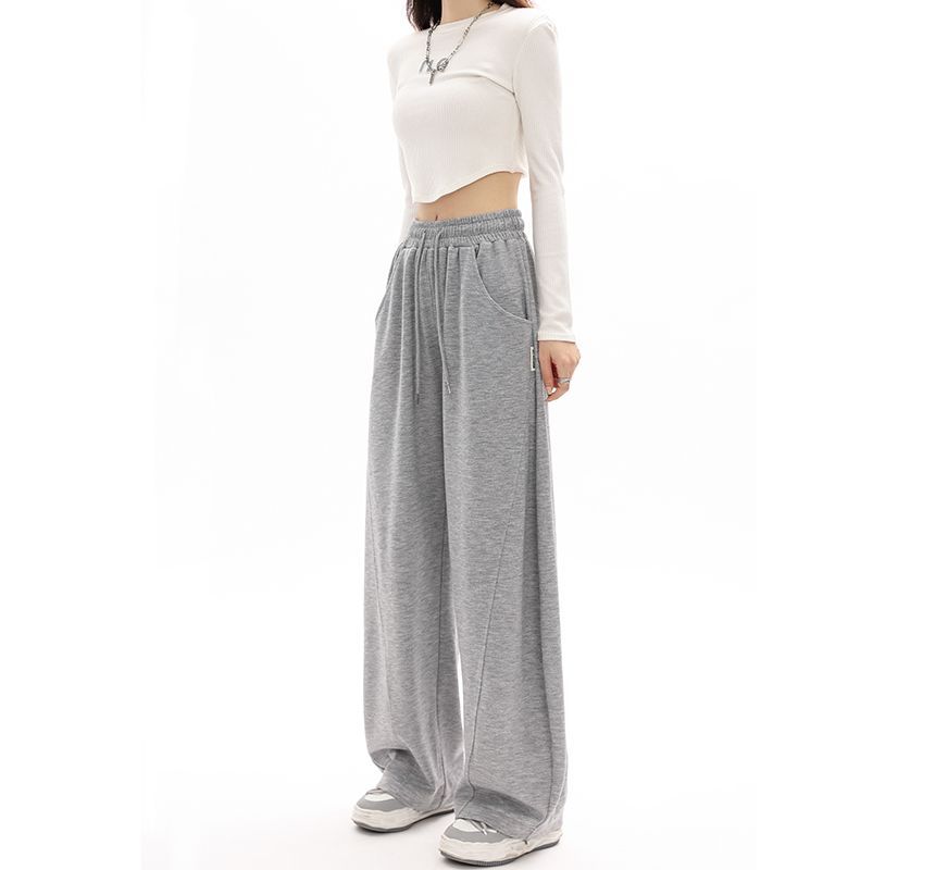 Mid-Waist Drawstring Pocketed Wide-Leg Plain Sweatpants dd22 MK Kawaii Store