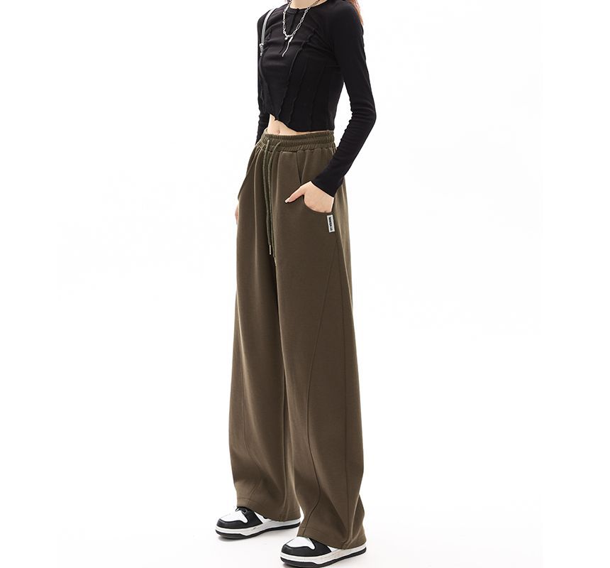 Mid-Waist Drawstring Pocketed Wide-Leg Plain Sweatpants dd22 MK Kawaii Store