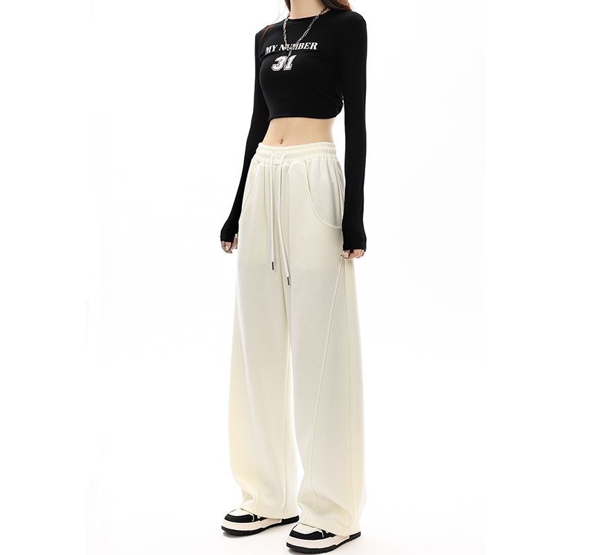 Mid-Waist Drawstring Pocketed Wide-Leg Plain Sweatpants dd22 MK Kawaii Store