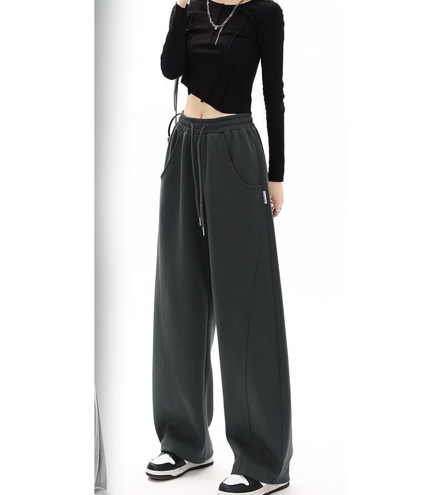 Mid-Waist Drawstring Pocketed Wide-Leg Plain Sweatpants dd22 MK Kawaii Store