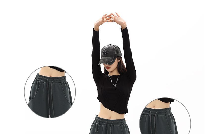 Mid-Waist Drawstring Pocketed Wide-Leg Plain Sweatpants dd22 MK Kawaii Store