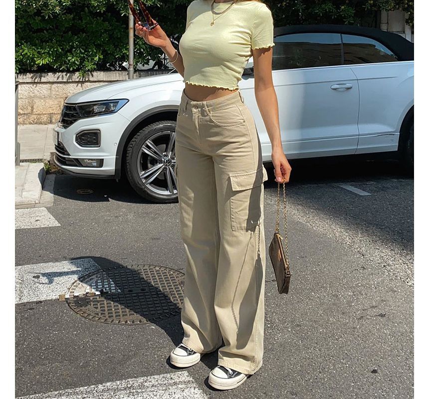 High Waist Pocket Straight-Fit Wide-Leg Cargo Pants dd31 MK Kawaii Store