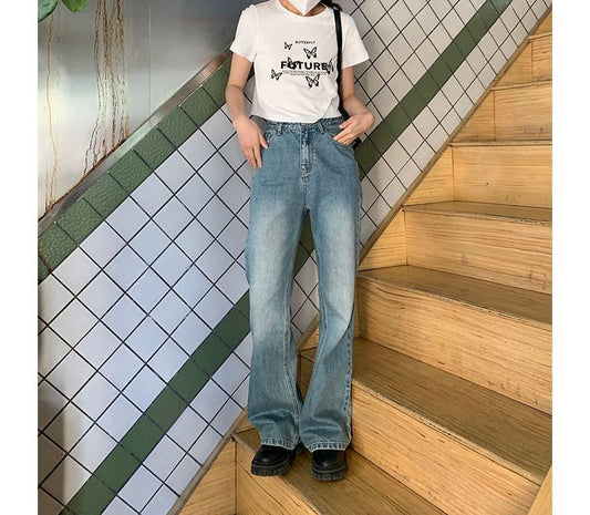 High Waist Washed Straight-Fit Wide-Leg Jeans ZJ6 MK Kawaii Store