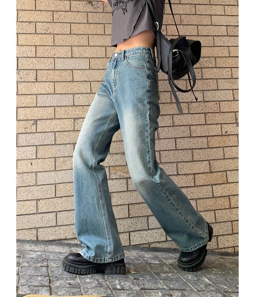 High Waist Washed Straight-Fit Wide-Leg Jeans ZJ6 MK Kawaii Store