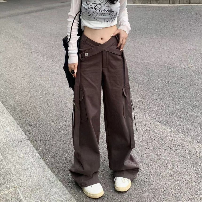 V Waistline Straight-Fit Wide-Leg Cargo Pants dd7 MK Kawaii Store
