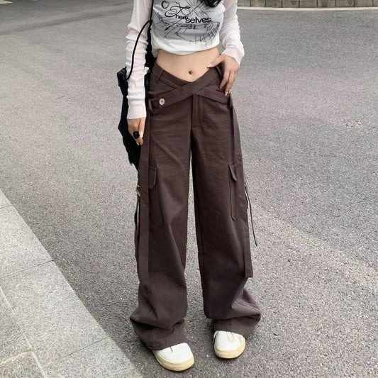 V Waistline Straight-Fit Wide-Leg Cargo Pants dd7 MK Kawaii Store