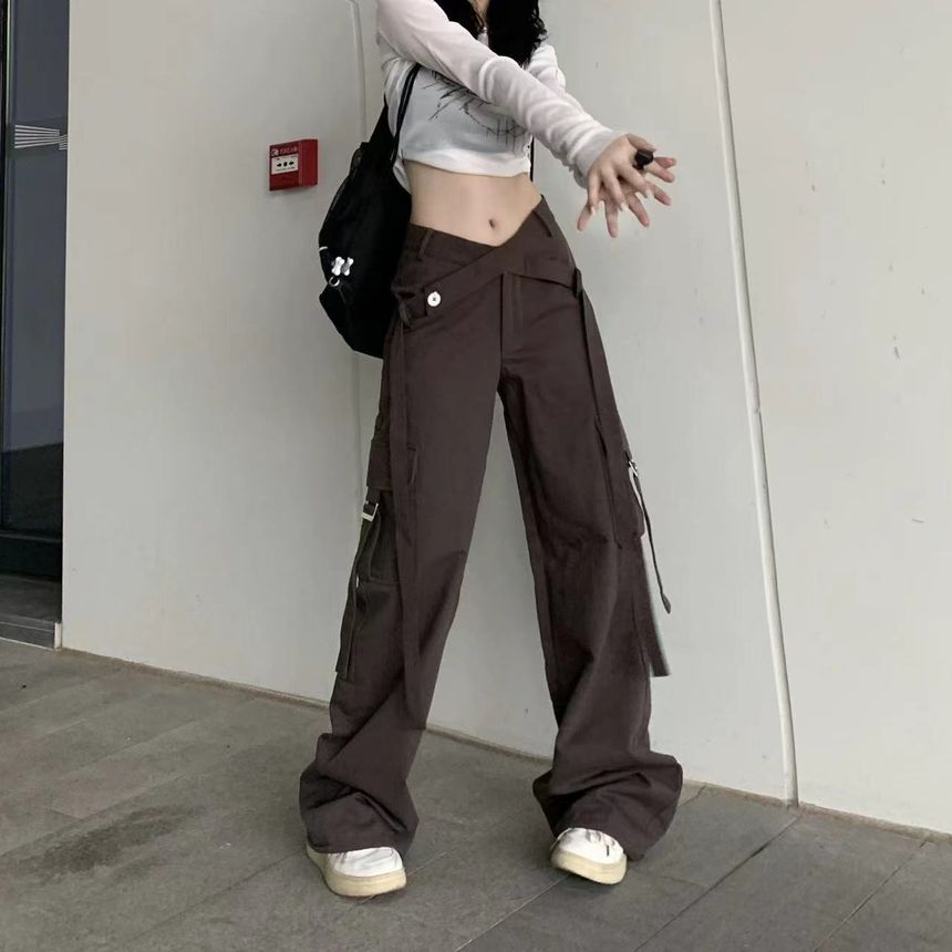 V Waistline Straight-Fit Wide-Leg Cargo Pants dd7 MK Kawaii Store