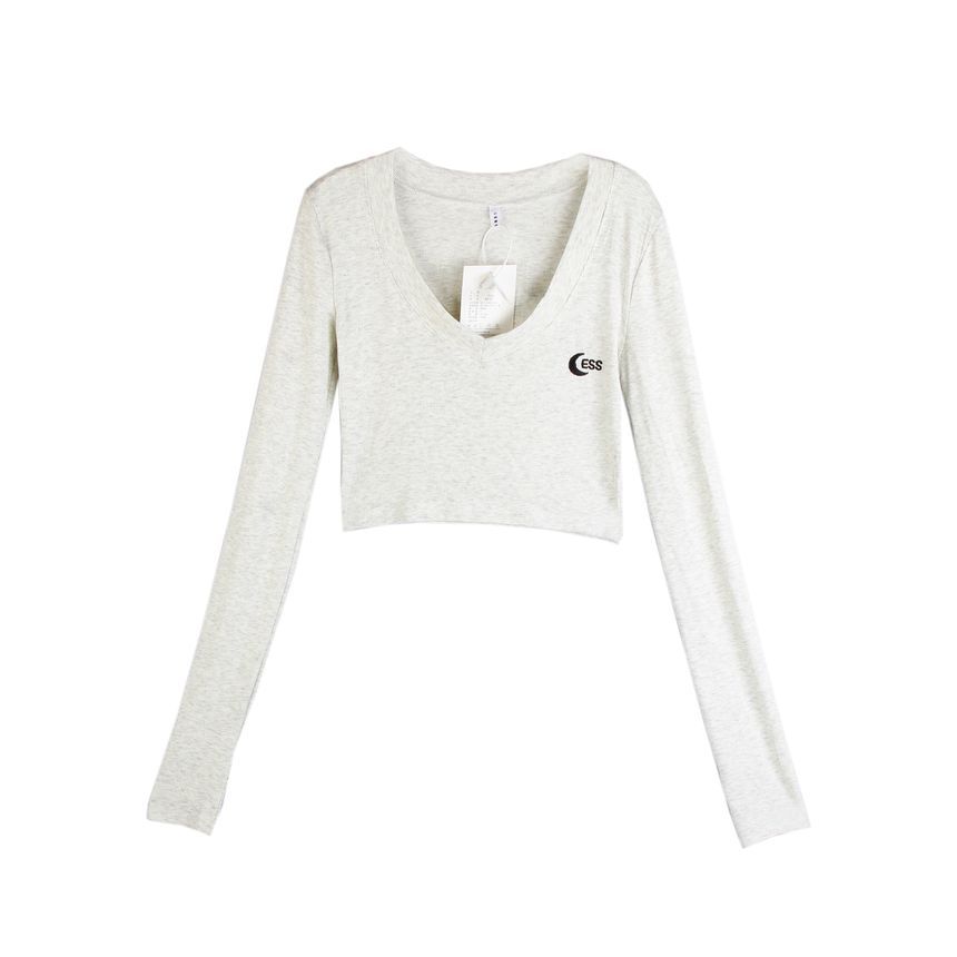 Long-Sleeve V-Neck Cropped Tee WI51 MK Kawaii Store