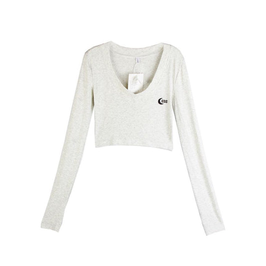 Long-Sleeve V-Neck Cropped Tee WI51 MK Kawaii Store