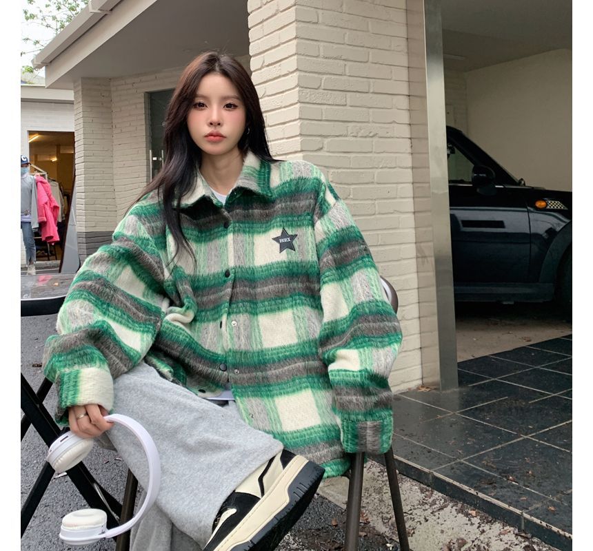 Plaid Snap Button Shacket OF5 MK Kawaii Store