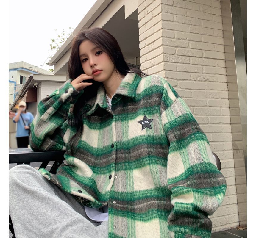 Plaid Snap Button Shacket OF5 MK Kawaii Store