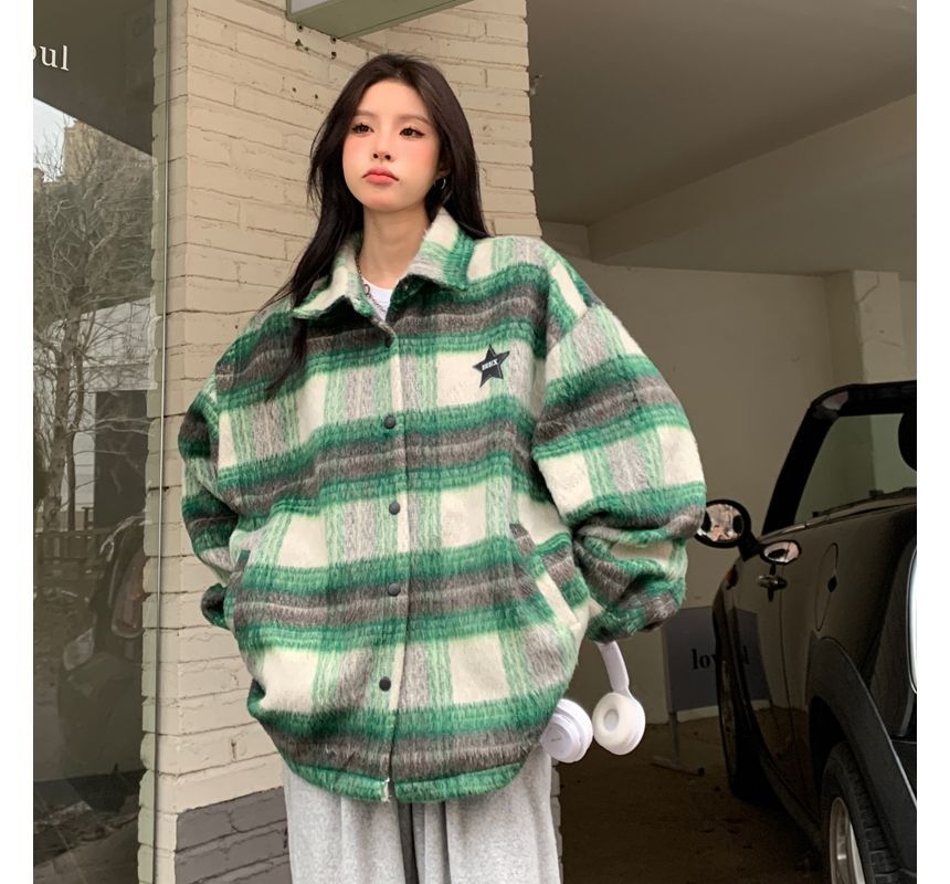 Plaid Snap Button Shacket OF5 MK Kawaii Store