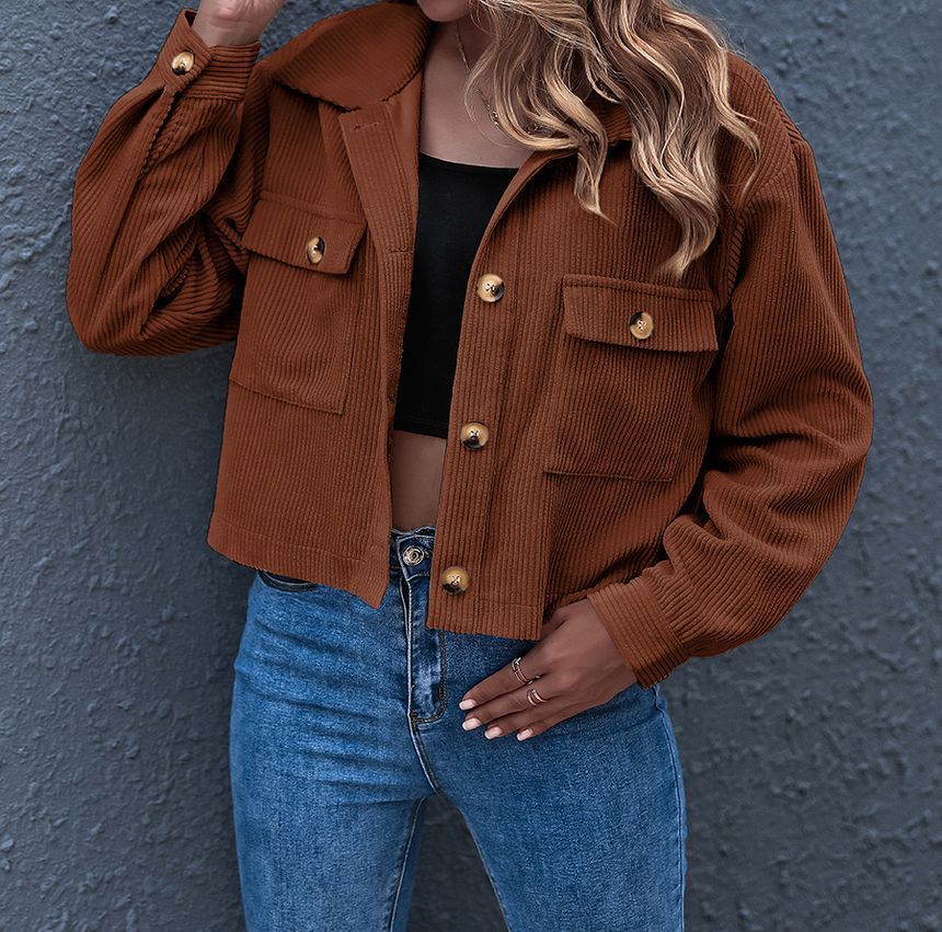 Plain Corduroy Cropped Shirt Jacket OF8 MK Kawaii Store