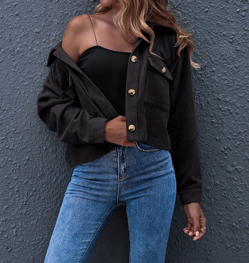 Plain Corduroy Cropped Shirt Jacket OF8 MK Kawaii Store
