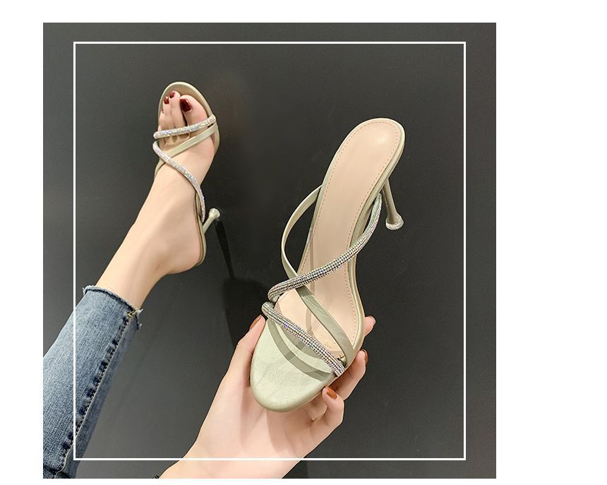 Rhinestone Stiletto Heel Slide Sandals cc20 MK Kawaii Store