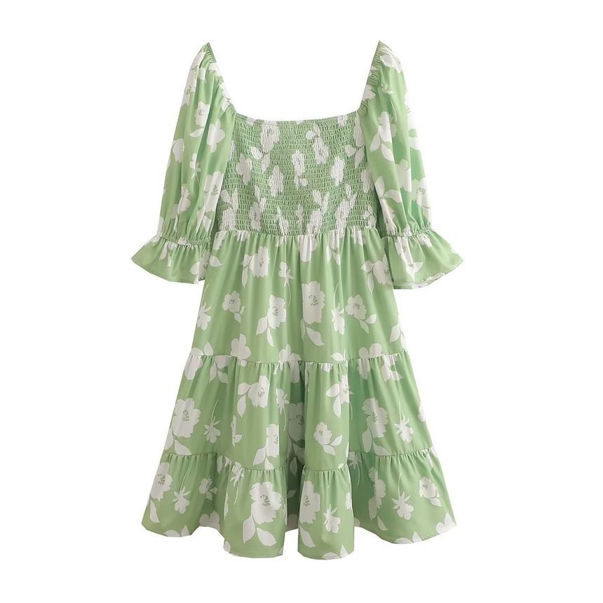 Elbow-Sleeve Square Neck Floral Mini A-Line Dress aa26 MK Kawaii Store