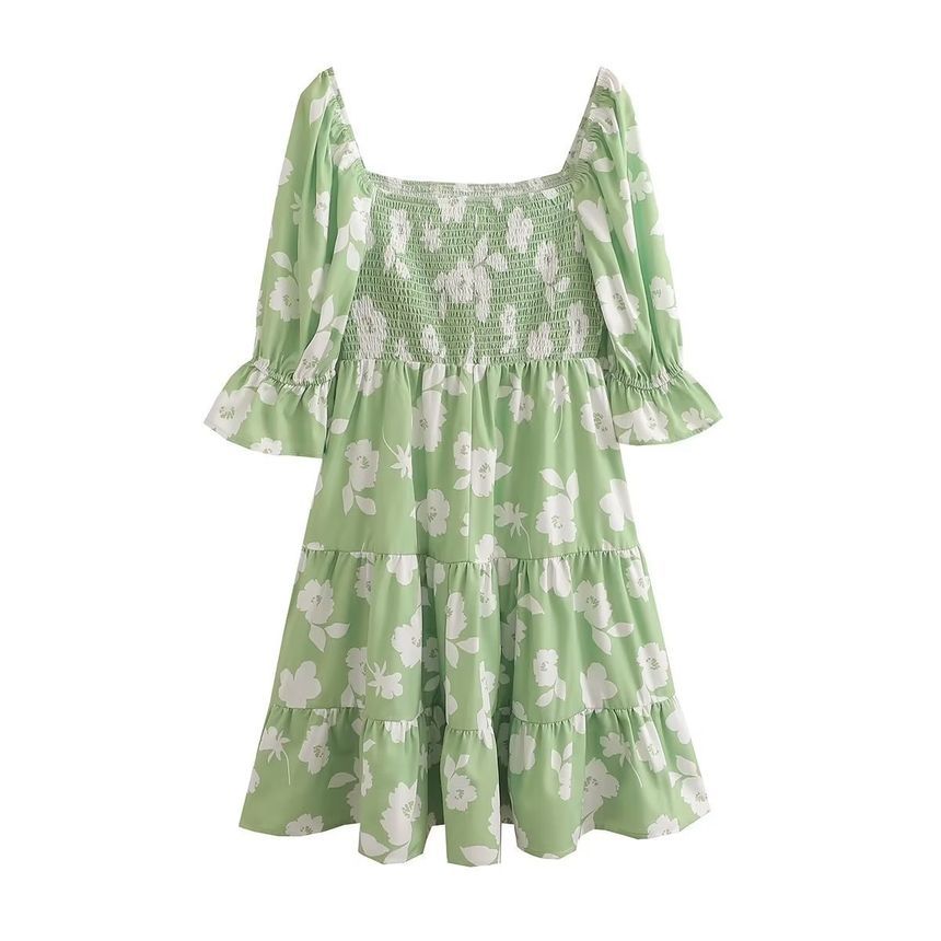 Elbow-Sleeve Square Neck Floral Mini A-Line Dress aa26 MK Kawaii Store