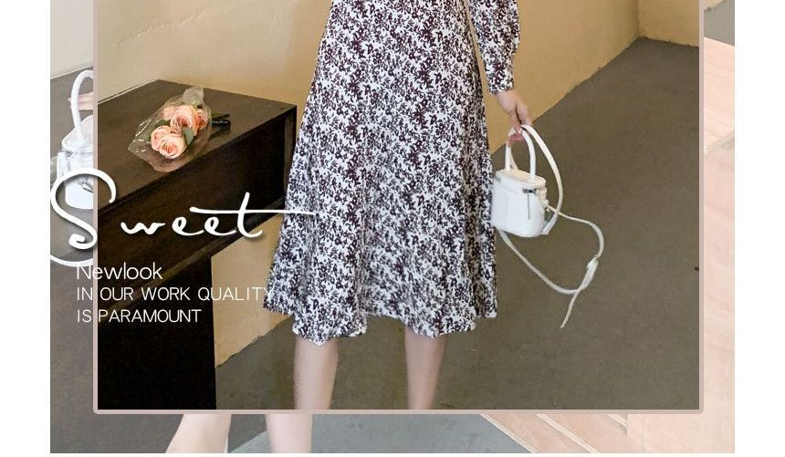 Long-Sleeve V-Neck Floral Print Midi A-Line Dress aa21 MK Kawaii Store