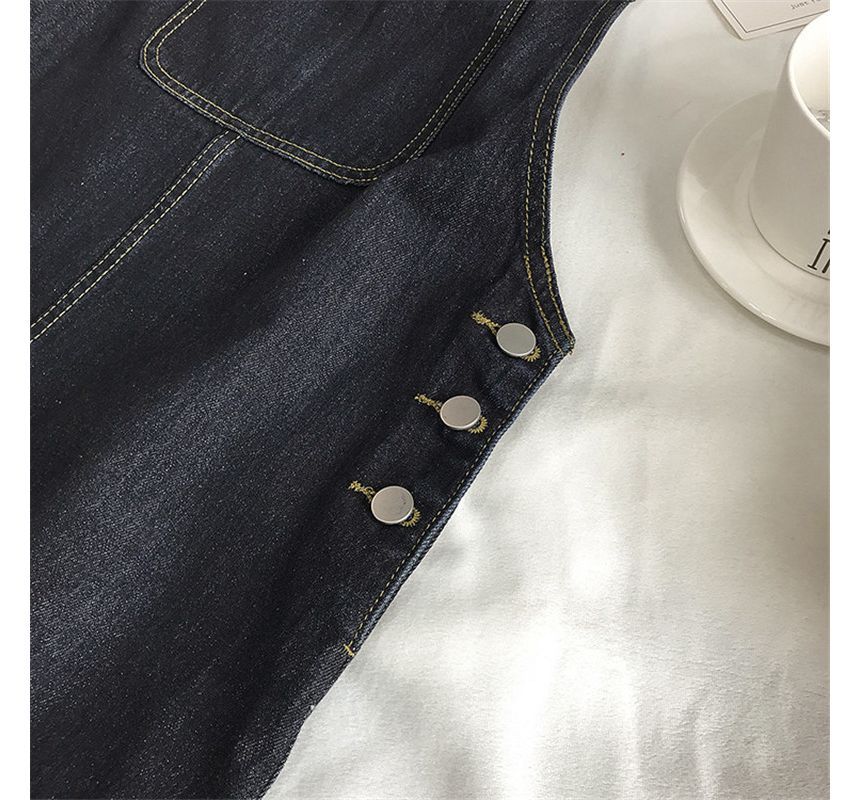 Square Neck Plain Slit Denim Midi Jumper Dress kk13 MK Kawaii Store