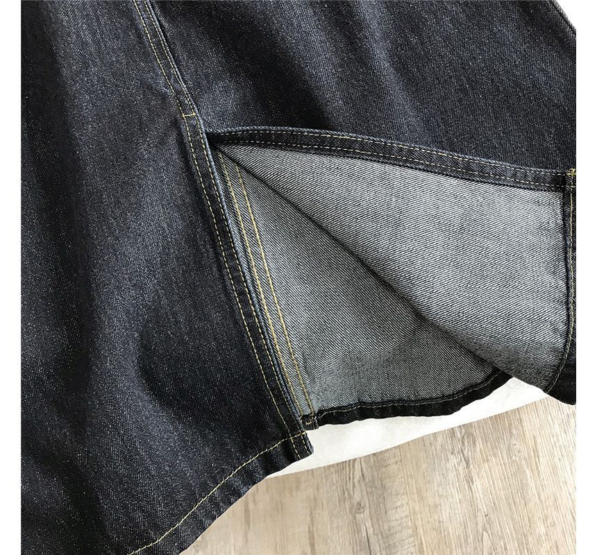 Square Neck Plain Slit Denim Midi Jumper Dress kk13 MK Kawaii Store