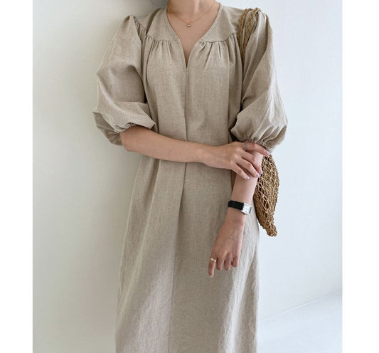 Elbow-Sleeve V-Neck Plain Linen Midi A-Line Dress aa1 MK Kawaii Store
