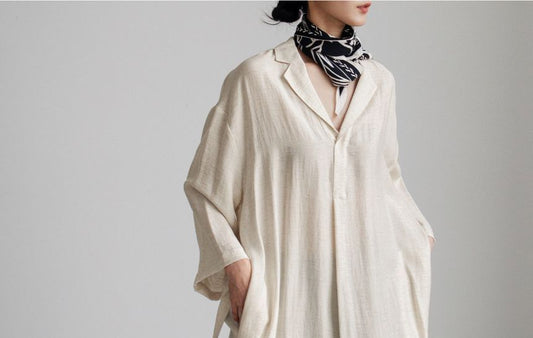 Long-Sleeve Lapel Collar Sashed Plain Half-Button Linen Midi A-Line Dress aa2 MK Kawaii Store