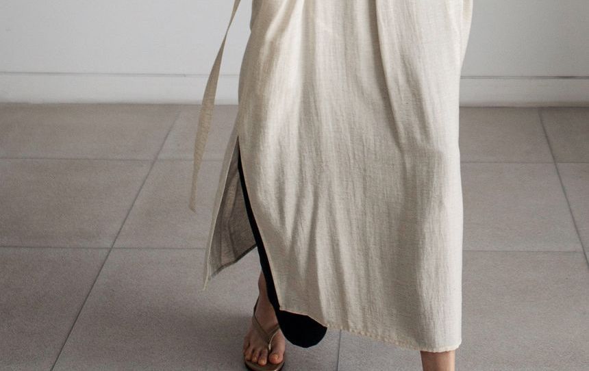 Long-Sleeve Lapel Collar Sashed Plain Half-Button Linen Midi A-Line Dress aa2 MK Kawaii Store