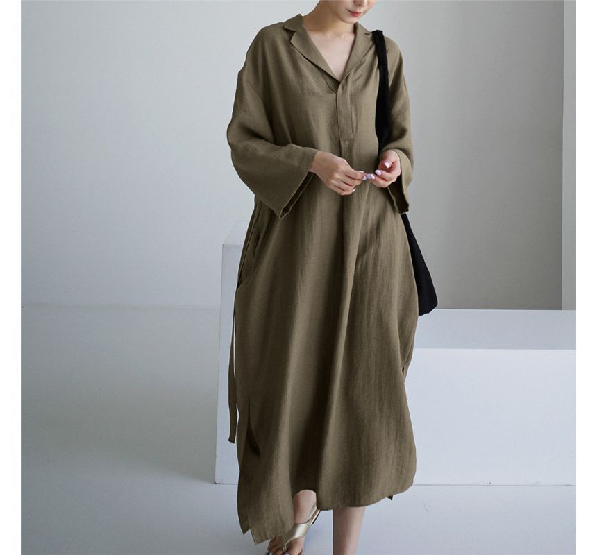 Long-Sleeve Lapel Collar Sashed Plain Half-Button Linen Midi A-Line Dress aa2 MK Kawaii Store