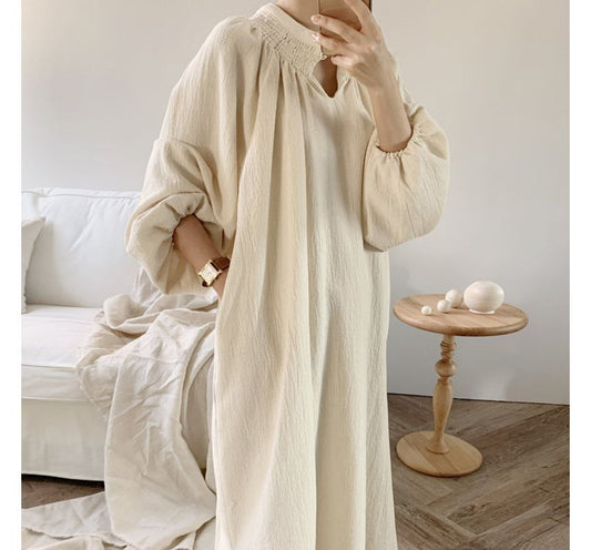 Long-Sleeve Notched Sashed Plain Linen Midi A-Line Dress aa6 MK Kawaii Store