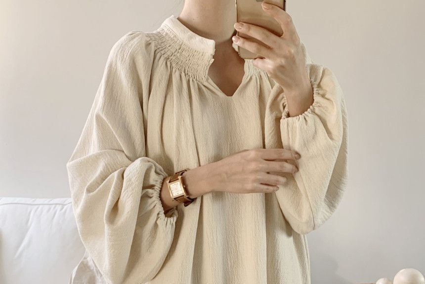 Long-Sleeve Notched Sashed Plain Linen Midi A-Line Dress aa6 MK Kawaii Store