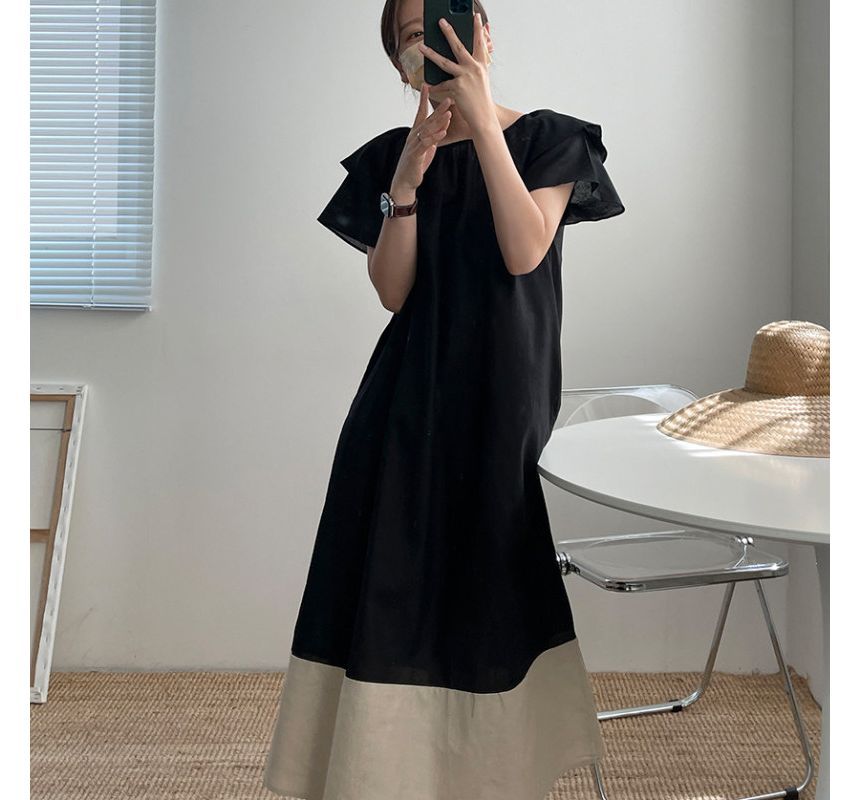 Short-Sleeve Crew Neck Two-Tone Ruffled Midi A-Line Dress aa3 MK Kawaii Store