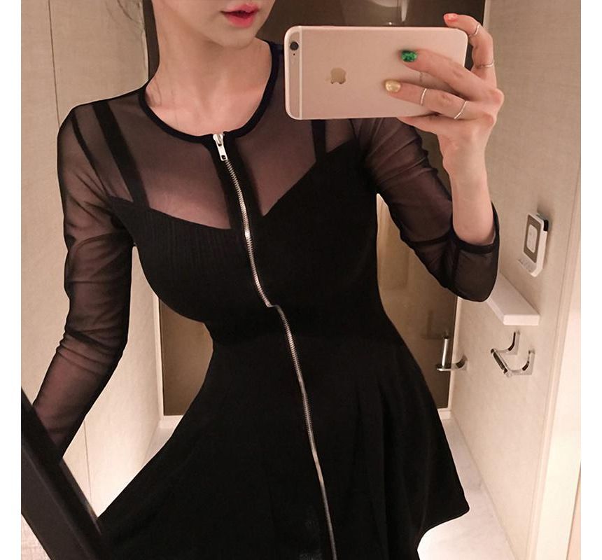 Long-Sleeve Crew Neck Plain Zip-Up Sheer Panel Mini A-Line Dress aa33 MK Kawaii Store