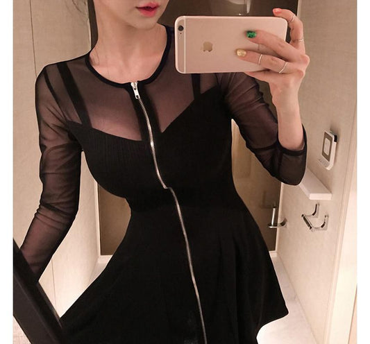 Long-Sleeve Crew Neck Plain Zip-Up Sheer Panel Mini A-Line Dress aa33 MK Kawaii Store