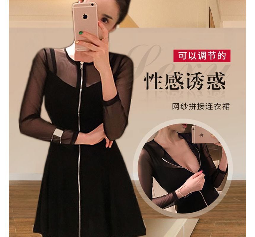 Long-Sleeve Crew Neck Plain Zip-Up Sheer Panel Mini A-Line Dress aa33 MK Kawaii Store