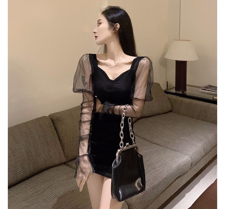 Long-Sleeve V-Neck Plain Ruched Sheer Panel Mini Bodycon Dress aa30 MK Kawaii Store